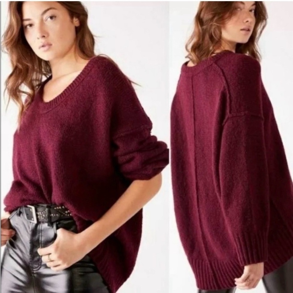 Free People Brookside Chunky Tunic Acai Maroon Sweater Size Small Oversized